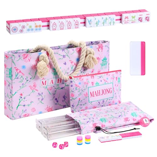 TIASUSAN American Mahjong Tile Set with160 Engraved Mahjong Tiles(1.2"), Mahjong Set with Pink Mahjong Bag, Racks and Accessories.