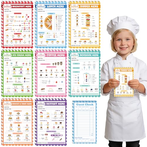 TICIAGA Kids Pretend Play Notepads - 9PCS 4x6 In Playtime Pad Included Breakfast Dinner Desert Coffee Menu Notepad 30 Page Pretend Notebook Imaginative Role for Toddler Kid Play Game, Restaurant Menu