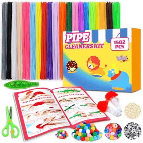 Tiehuoxia Craft Pipe Cleaners 1000pcs in 20 Colors & Mixed Supplies 500pcs, Scissors & Tutorial Manual Included, Multicolor Pony Beads, Googly Eyes, Pom Poms, Pearl Beads