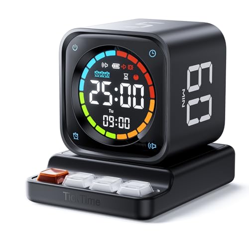 TK3 Pomodoro Timer Cube, Desk Productivity Timer with 5/10/30/60 Min Presets, Custom Countdown, Stopwatch, Clock, 3 Alarm, Silent, Vibrate & Sound Alert, for Task, ADHD, Study, Kitchen, Black