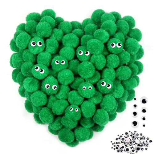 TOAOB 200pcs 1 Inch Green Pom Poms for Arts and Crafts Fuzzy Puffs Balls with Googly Eyes for DIY Crafts Projects Home Decorations