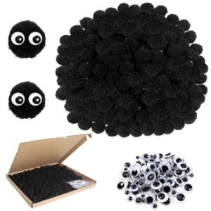 TOAOB 500pcs Pom Poms 1cm Craft Pom Poms Black Fuzzy Pompoms Balls Arts and Crafts Supplies with Googly Wiggle Eyes for DIY Crafts Projects Home Decorations