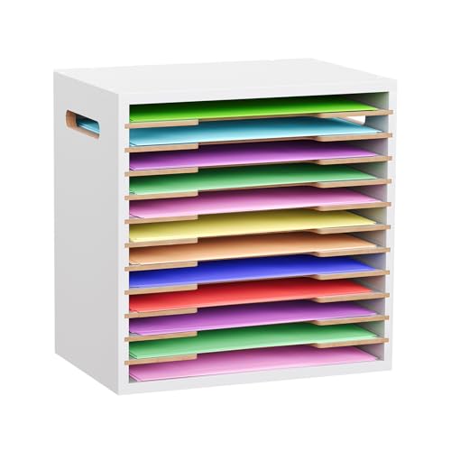 ToBeAce 9x12 Construction Paper Organizer Wood, 12 Tier 8.5x11 Scrapbook Paper Organizer with Handle, Desk File Storage Holder Letter Tray Mail Sorter for Craft Room Home Office Classroom, White
