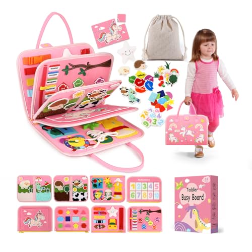 Toddler Sensory Busy Board: Travel Toy Activity Book for Girls Boys, Motor Skill Development Gift for Baby Aged 3-4 Years, Fine Educational Preschool Montessori Learning Toy for Car Airplane Unicorn