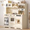 TODECARE Wooden Play Kitchen for Kids with Real Lights & Sounds, Beige