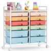 TOOLF 12 Drawers Rolling Storage Cart with Wooden Top for Classroom,Rainbow
