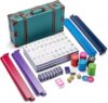 Topmahjing American Mahjong Tile Set – 160 Acrylic Tiles with 4 All-in-One Mahjong Tile Racks & Pushers, 12 Zodiac Designs, 4-Layer Colors, 100 Chips, 3 Golden Dice, Vintage Leather Portable Case