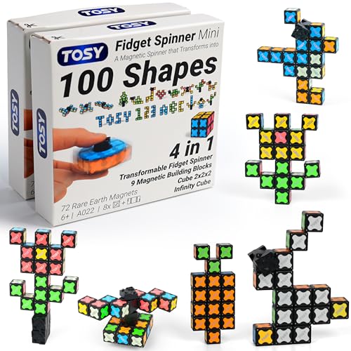 TOSY Magnet Fidget Spinner Mini - 8 Blocks, 3 in 1 Toy: Transformable Fidget Spinner, Infinity Cube, 2x2 Puzzle Cube, Stress Relief, STEM Magnet Tiles Birthday Gift for Kids/Boys/Girls/Adults, 2-Pack