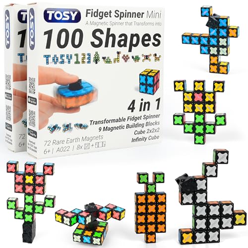 TOSY Magnet Fidget Spinner Mini - 8 Blocks, 3 in 1 Toy: Transformable Fidget Spinner, Infinity Cube, 2x2 Puzzle Cube, Stress Relief, STEM Magnet Tiles Birthday Gift for Kids/Boys/Girls/Adults, 2-Pack