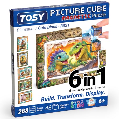 TOSY Picture Cube Cute Dinos: 6-in-1 Magnetic Picture Puzzle, 48 Blocks, 288 Puzzle Faces, 0.6 in, B021, Seamless UV Art, Display-Ready Frame, Collectible, STEM/STEAM Gift for Kids & Adults