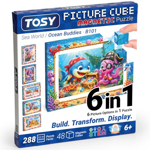 TOSY Picture Cube Ocean Buddies: 6-in-1 Magnetic Picture Puzzle, 48 Blocks, 288 Puzzle Faces, 0.6 in, B101, Seamless UV Art, Display-Ready Frame, Collectible, STEM/STEAM Gift for Kids & Adults