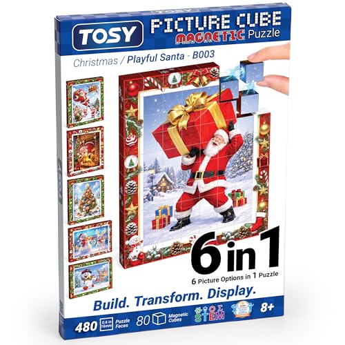 TOSY Picture Cube Playful Santa: 6-in-1 Magnetic Picture Puzzle, 80 Blocks, 480 Puzzle Faces, 0.6in, B003, Seamless UV Art, Display-Ready Frame, Collectible, STEM/STEAM Gift for Kids & Adults