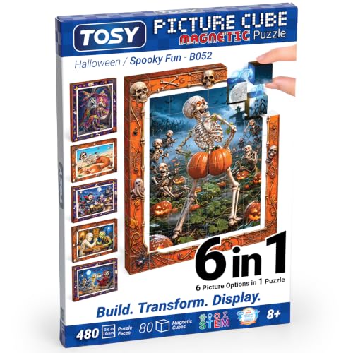 TOSY Picture Cube Spooky Fun: 6-in-1 Magnetic Picture Puzzle, 80 Blocks, 480 Puzzle Faces, 0.6in, B052, Seamless UV Art, Display-Ready Frame, Collectible, STEM/STEAM Gift for Kids & Adults