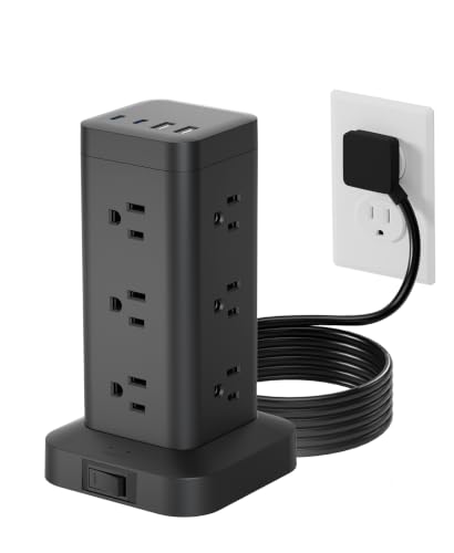 Tower Power Strip with PD 30W Fast-Charging Port, 12 Outlets, 4 USB Ports (2 USB-C), 1800J Surge Protector, Charging Station for Multiple Devices,9.8FT Extension Cord, Black, Home Office Essentials