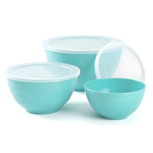 TP Mixing Bowl Set with Lids, 6-Piece Melamine Nesting Bowls Set for Pasta Baking Salad Mixing, Set of 3, Glossy Turquoise