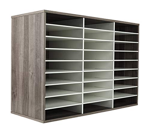 TQVAI Wood Literature Organizer, 27 Slots Hold 13500 Sheets A4 Papers, Wooden Desk File Paper Storage Organizer with Adjustable Shelves, Mailbox Cubbies for Office Home Classroom, Retro Grey/White