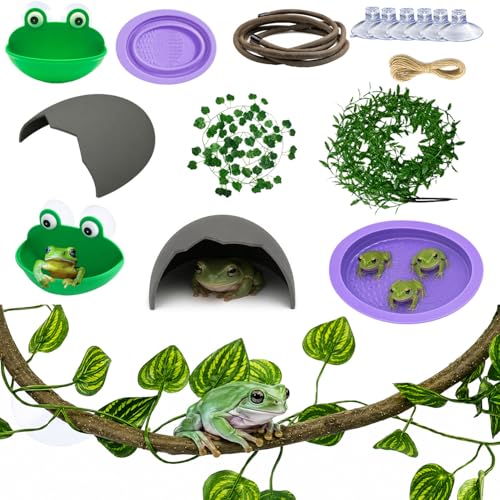 Tree Frog Habitat Kit - Frogs Tank Accessories Set with Frog Holder, Foldable Water Dish, Frogs Hideout, Bendable Climbing Vine, Artificial Plants & Suction Cups for Tree Frog Terrarium