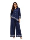 TRENDMALLS Women's Denim Embroidery Work Shirt Wide Leg Pants Co-Ord Set Casual Two Piece (C35-NavyBlue-XXL)