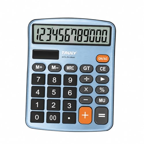 TRULY 12-Digit Desktop Calculator with Large Display, Big Buttons, Dual Power (Solar + Battery), Metal Finish, Ideal for Office, Home, School – 837A Pro Light Blue