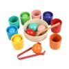 TTETTZ Rainbow Balls in Cups Wooden Learning Toy Set with Matching Cups Balls Spoon and Tongs for Color Sorting Cognitive Development Fine Motor Skills