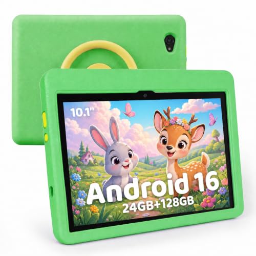 TT.KIDS Tablet 10 inch Android 16 Tablet for Kids, 24GB RAM 128GB ROM 1TB Expand, Kids Learning Tablet with Parental Control, Shockproof Case, Eye Protection HD IPS Screen, 6000mAh WiFi 6, Green