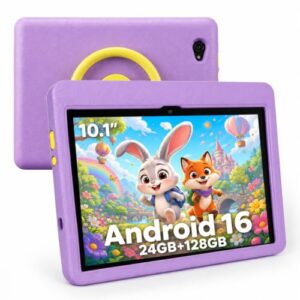 TT.KIDS Tablet 10 inch Android 16 Tablet for Kids, 24GB RAM 128GB ROM 1TB Expand, Kids Learning Tablet with Parental Control, Shockproof Case, Eye Protection HD IPS Screen, 6000mAh WiFi 6, Purple