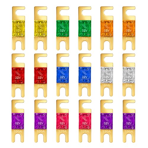 TTLCFP 18PCS Mini ANL Fuses for Car, 20A 30A 40A 50A 60A 80A 100A 125A 150A Auto Fuse Replacement Kit, Mini ANL Plated Fuse Pack for Automotive Marine Audio Video Electronic System