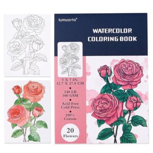 tumuarta Watercolor Coloring Book, 20 Unique Floral Designs, 5x7”, 100% Cotton, 300GSM, 140 LB, 20 Sheets, Cold Press, Acid Free Watercolor Paper Sketchbook, Glue Bound Mixed Media Pad (Flowers)