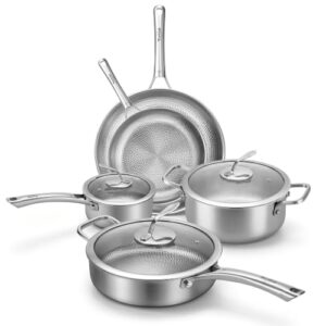 Tumzak Titanium Cookware Set, 8-Piece Pots and Pans Set, Non-Stick Hammered Pro Titanium Pan with Lid, PFAS/PFOA/PTFE-Free, Dishwasher & Oven Safe, Compatible with Gas Stoves and Induction Cooktops