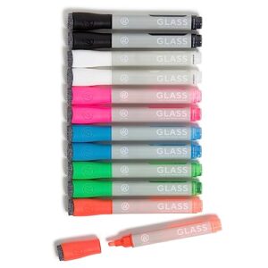 U Brands Bold Tip Liquid Glass Whiteboard Markers with Eraser for Glass Boards, Dry Erase Boards, and Chalk Boards, Assorted Bright Colors, Set of 12