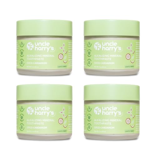 Uncle Harry’s Natural Products Coco Cardamom Toothpaste 4 Pack (3 oz) – Alkalizing Mineral Tooth Powder, Natural Oral Care, Fluoride-Free, Supports Healthy Teeth & Gums, Fresh Breath Formula