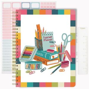 Undated Teacher Planner 8.5 x 11-12 Months & 52 Weeks | Colorful School Supplies Cover | Monthly & Weekly Lesson Plan Book with Stickers, Storage Pocket & Snap-In Bookmark | Classroom Organizer