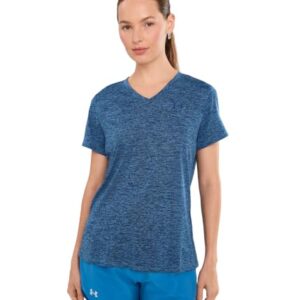 Under Armour Women's Tech Twist Short Sleeve V Neck, (430) Aegean Blue / / Blackout Navy, Large