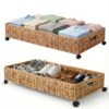 Under Bed Storage Containers with Wheels, 31.5 inch Large Capacity Handwoven Water Hyacinth Under Bed Shoe Storage, Tool-free Assembly Rolling Storage Organizer Drawer for Bedroom Shoes Clothes