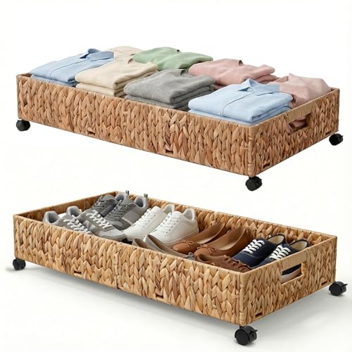 Under Bed Storage Containers with Wheels, 31.5 inch Large Capacity Handwoven Water Hyacinth Under Bed Shoe Storage, Tool-free Assembly Rolling Storage Organizer Drawer for Bedroom Shoes Clothes