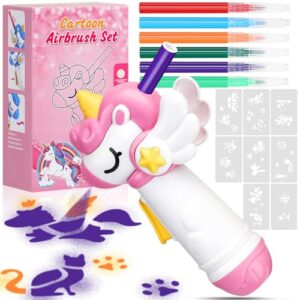 Unicorn Marker Airbrush Spray Art Kit, Unicorn Toys for Girls Age 4-6, Art Supplies for Kids Ages 8-12, Craft Kits Paint with 5 Washable Markers&8 Stencils, Birthday Holiday for Kids, Girls