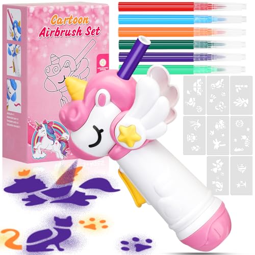 Unicorn Marker Airbrush Spray Art Kit, Unicorn Toys for Girls Age 4-6, Art Supplies for Kids Ages 8-12, Craft Kits Paint with 5 Washable Markers&8 Stencils, Birthday Holiday for Kids, Girls