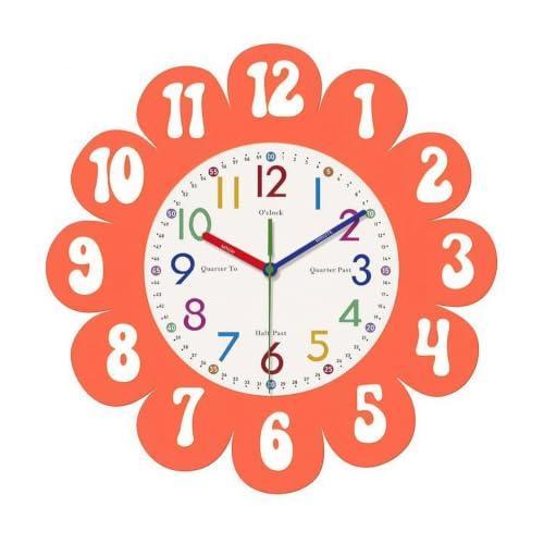 UnifearPro Children Timepiece Wall Clock Teaching Clock Flower Theme with Raised Numerals and Easy to Acrylic Frame Suitable for classrooms Nurseries playrooms Home Decoration 12inch