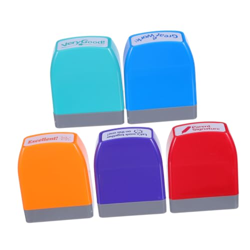 Uonlytech 5pcs Self-Inking Teacher Stamps for Grading Papers and Student Assignments with Motivational English Messages, Plastic Rectangular Design for Elementary School Classroom Activities