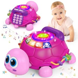 Ussybaby Musical Turtle Baby Toys 6 to 12 Month,Infant Light-up Musical Tummy Time Toy with Phone,Baby Crawling Toys for 7 8 9 12 Months Old,Easter Birthday Girl Gift for 3 4 5 Month+(Pink)