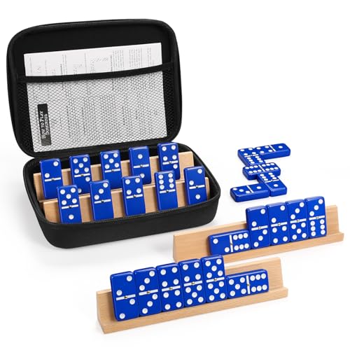uvcany Dominoes Set for Adults with 4 Wooden Racks/Trays, Double Six Travel Portable Case 6 Tiles Holders, 28 Dominos Family Board Games - Blue