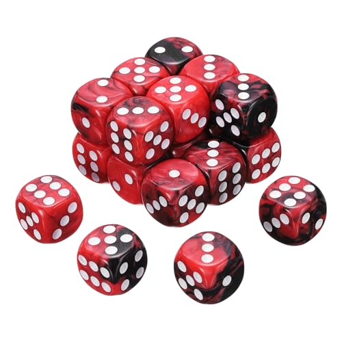 uxcell 24Pcs 6 Sided Colored Standard Dice, 16mm Acrylic D6 Mini Polyhedral Pearl Pattern Two Tone Colors Game Dice Set for Table Games, Black/Red, White Point