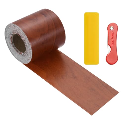 uxcell Wood Grain Repair Tape, 2 Inch x 33 ft Self Adhesive Grain Repair Patch with Scraper, Waterproof Wooden Vinyl Wrap for Furniture Floor Cabinet Door Scratch Repair, Red Wood