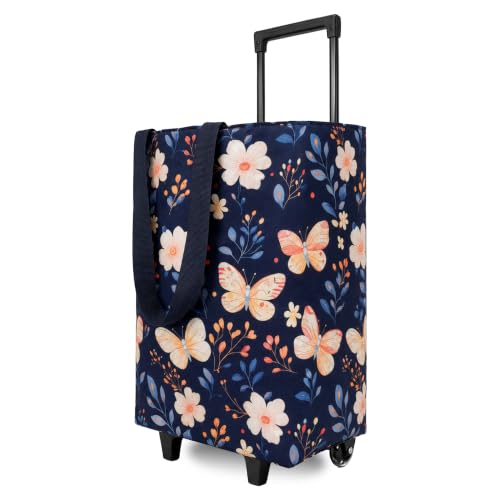 UXMEP Rolling Shopping Tote Bag with Wheels, Foldable Grocery Cart Bag, Collapsible Utility Tote for Market, Shopping, Laundry & Travel, Stylish Patterned Gift for Women, Mom & Seniors, BUTTERFLY, S