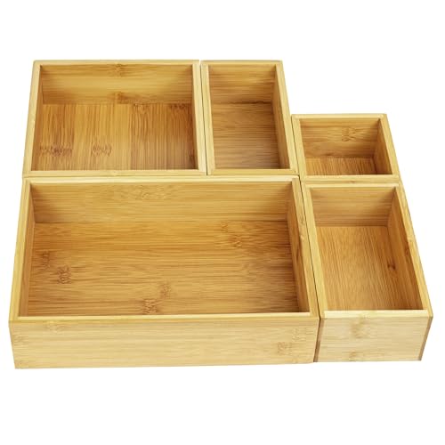 VaeFae 5 PCS Bamboo Drawer Organizers Set, 5-size Organizer Box, Storage Bins for Kitchen, Bathroom, Office, Bedroom and Living Room
