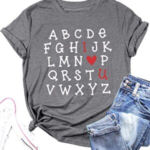 Valentine's Day Shirt Women Alphabet ABC I Love You Printed T-Shirts Teacher Valentine Shirt Tees Tops (Grey, X-Large)