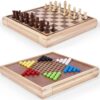 VAMSLOVE 13" Chess Chinese Checkers 2 in 1 Wooden Board Game Set with Pieces Storage Drawer - 2 Extra Queens, Bonus Marbles, for Birthday Gift (Instructions Included)