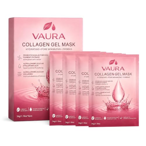 VAURA Collagen Gel Hydrogel Face Mask – K-Beauty Sheet Mask with Niacinamide, Galactomyces Ferment & Low Molecular Collagen, Hydrating Overnight Mask for Firmer, Smoother Skin, 4 Count
