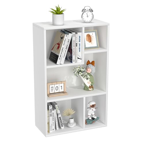 VECELO Modern White Bookshelf, 31.3" H Freestanding Wide Open Cubby Storage Cabinet, Uneven Compartments, Thickened Board, Fits Large US Textbooks, for Bedroom Dorm Home Office