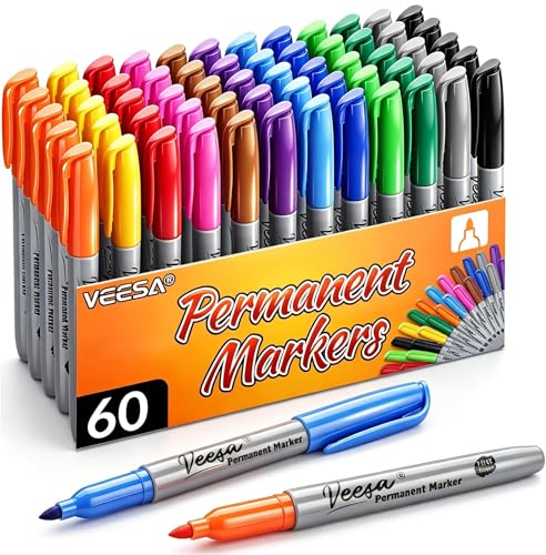 VEESA Permanent Markers Set of 60 Pack, 12 Assorted Colors, Fine Point
